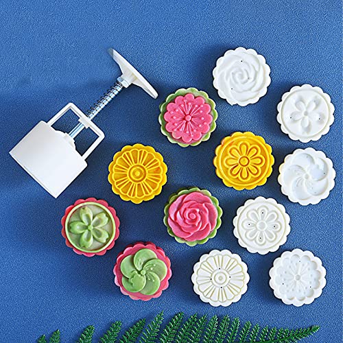 Mooncake Molds Set, Mid-Autumn Festival Hand-Pressure Moon Cake maker 6 pcs for baking, DIY Hand Press Cookie Stamps Pastry Tool(1 Mold, 6 Stamps). (75g)