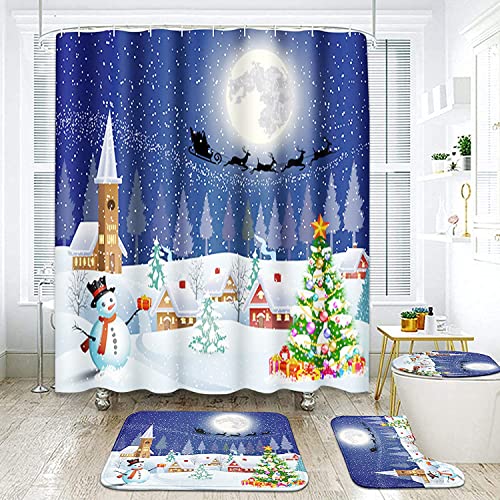 NBVKO Christmas Snowman Waterproof Shower Curtain,with Non-Slip Rugs,Toilet Lid Cover and Bath Mat,Bathroom Shower Decor Accessory Set