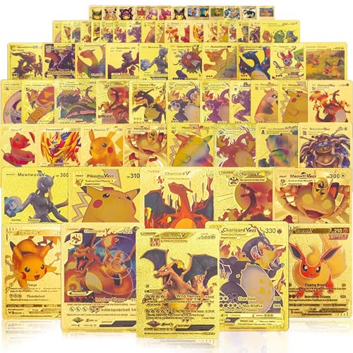 GETYOURSAVE 55 PCS Gold Foil Card Vmax Rare GX Golden Card Packs Gold Foil TCG Cards Deck Box Including Assorted Rare Foil Cards Suitable for Collectors and Kids