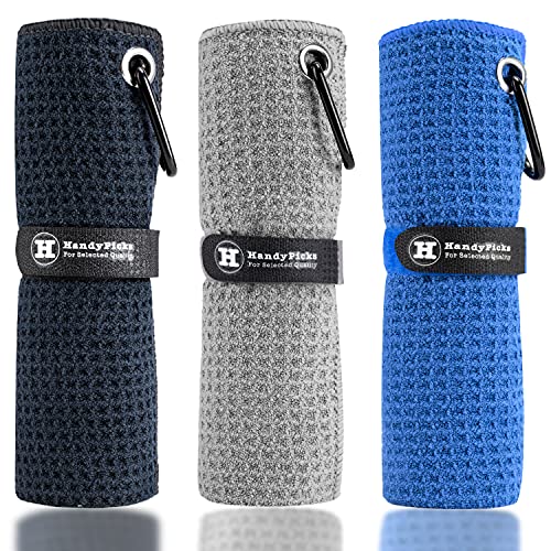 Handy Picks Microfiber Golf Towel (16' X 16') with Carabiner Clip, Waffle Pattern Golf Towel Hook and Loop Fastener - The Convenient Golf Cleaning Towel Black/Grey/Blue