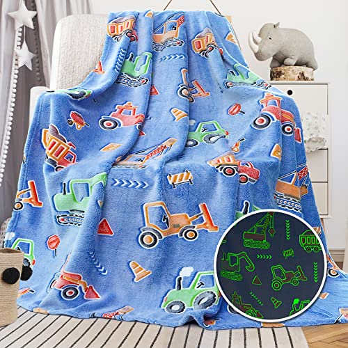 Construction Blanket Fleece Blanket Throw for Boys Girl Glowing Blanket Lightweight Bluey Baby Kids Blanket Cute Small Soft Truck Toddler Throw Blanket Kids Construction Blanket for Birthday Gift