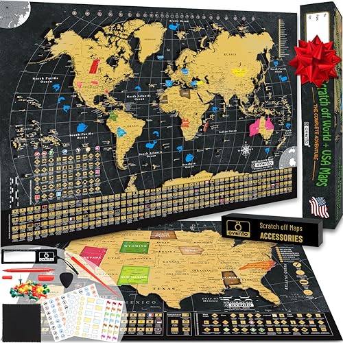 OVANTO Scratch Off World Map & US Map-Durable 17x24” United States Map & World Travel Map with Pins & Accessory Set–Easy to Scratch Off Maps with Colored Details in Name-Tagged Gift Box for Travelers