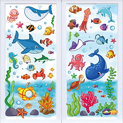 Whaline 9 Sheets Ocean Themed Window Clings Stickers Cartoon Sea Life Under The Sea Double-Sided Window Decals for Summer School Home Office Bathroom Accessories Party Supplies Gifts