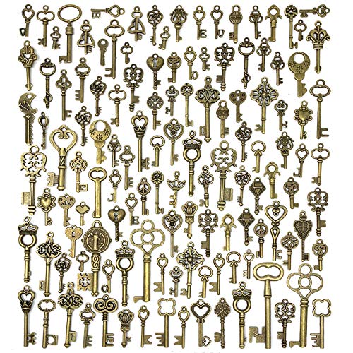 125 PCS Vintage Skeleton Key Set Charms, JIALEEY Mixed Antique Style Bronze Brass for Pendant DIY Jewelry Making Wedding Party Favors