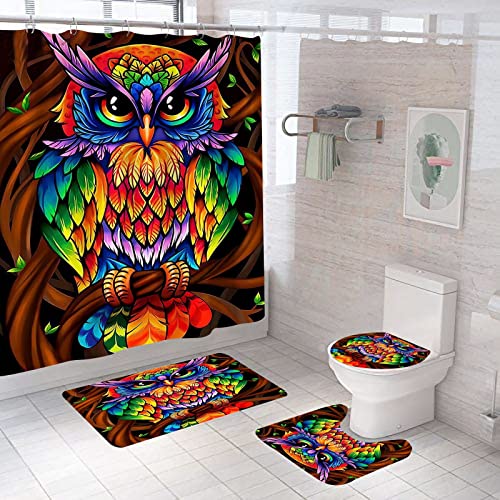 Posienr Colorful Owl Shower Curtain Sets Bath Mat 4 Pcs Decor Bathroom Cute Cartoon Animals Contour Mat Toilet Lid Cover U Shaped Non-Slip Rug Fabric Waterproof Polyester with 12 Hooks