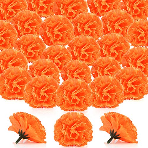 Syhood 50 Pcs Marigold Flower Heads Bulk Juneteenth Decor Mexican Party Decorations Fiesta Supplies Cinco De Mayo Decor Artificial Flowers with Stems DIY Marigold Garland(Orange, 2.4 Inch)