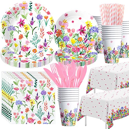 Xigejob Wildflower Party Decorations Tableware - Floral Party Supplies, Plate, Cup, Napkin, Tablecloth, Cutlery, Spring Summer Flower Party Decorations For Birthday, Baby Shower, Tea Party | Serve 24