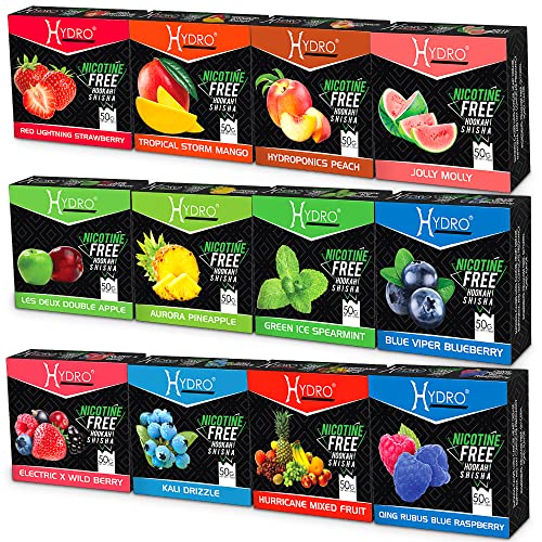 Hydro Hookah Flavors Strawberry, Mango, Peach, Watermelon, Apple, Pineapple, Spearmint, Blueberry, Wild Berry, Kali Drizzle, Fruit Mix Hurricane, Blue Raspberry Qing Rubus 50-Gram Packs (Pack of 12)
