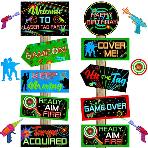 20 Pieces Laser Tag Party Decorations Signs Laser Tag Laminated Signs Laser Tag Party Favors for Boys Wall Decorations Birthday Party Neon Glow Party Photography Banner Photo Booth Props