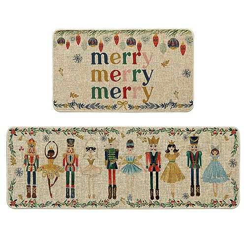 Artoid Mode Watercolor Nutcrackers Merry Christmas Decorative Kitchen Mats Set of 2, Home Party Low-Profile Kitchen Rugs - 17x29 and 17x47 Inch