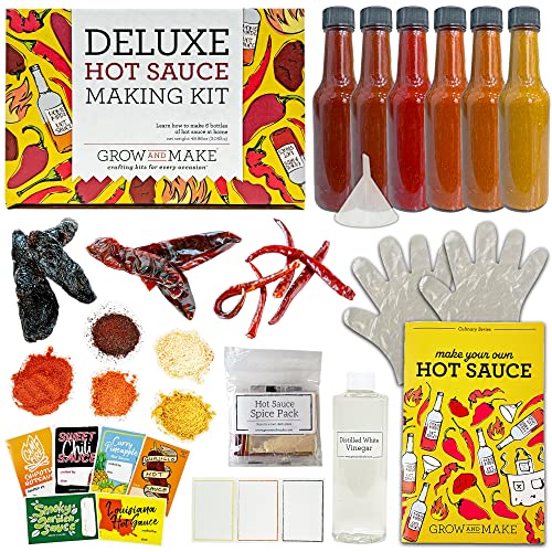 DELUXE DIY HOT SAUCE MAKING KIT Everything Included - Make Your Own Hot Sauce w/Quality Ingredients Dried Hot & Spicy Peppers, 6 Unique Recipes, Glass Bottles, design labels, Best Gift for Him, Husba