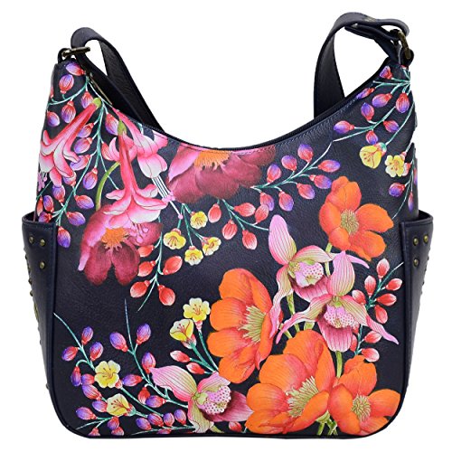 Anuschka Women's Hand-Painted Genuine Leather Classic Hobo With Studded Side Pockets - Moonlit Meadow