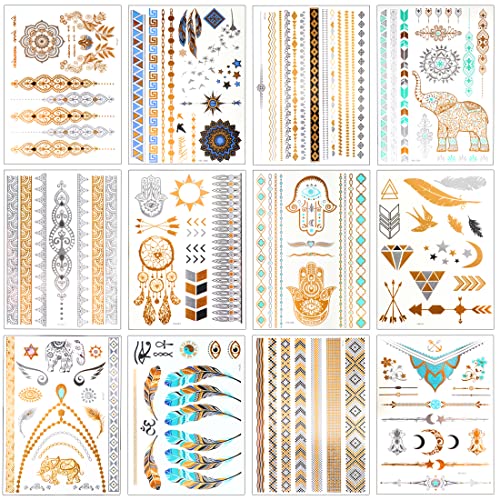 Metallic Temporary Tattoos 120+ for Women Teens Girls Tattoos Gold Silver Glitter Flash Waterproof Tattoo Stickers for Beach, Festivals, & Parties