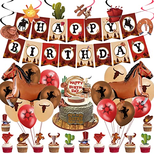 Cowboy Party Decorations Set for Boys - Western Birthday Party Decorations Country Rodeo Party Favor Horse Balloons Birthday Banner Cupcake Toppers Hanging Swirls