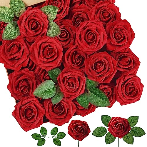 InnoGear Artificial Roses Flowers, 50 Pcs Dark Red Fake Roses for Decoration DIY Wedding Bouquets Centerpieces Bridal Shower Party Valentine's Day Christmas Xmas
