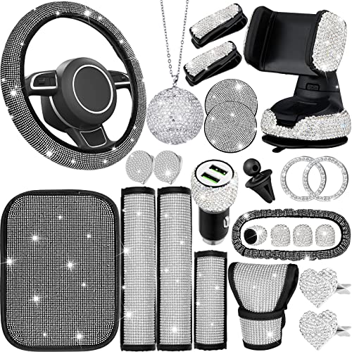 24 PCS Bling Car Accessories Set for Women Bling Steering Wheel Cover Dual USB Car Port Car Phone Mount Holder Rear View Mirror Cover Center Console Cover Rhinestone Seat Belt Pads for Car Decor