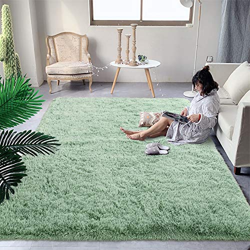DweIke Fluffy Area Rug for Living Room Bedroom, 4'x6' Soft Modern Indoor Plush Sage Green Rugs, Non-Slip High Pile Shaggy Carpets for Girls Kids Bedroom, Fluffy Faux Fur Rugs for Bedroom Home Decor