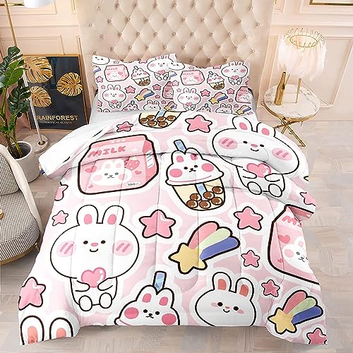 CVHOUSE Kawaii Bedding Queen Size,Kawaii Rabbit Bedding Set for Girls Kids,Cute Rabbit Comforter Set Kawaii Rabbit Duvet Set Rabbit Pattren Quilt Set Girls Room Decor 3 Pieces