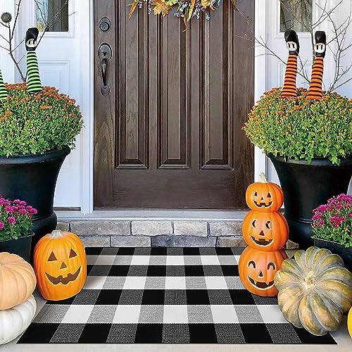 IOHOUZE Cotton Buffalo Plaid Check Rug Outdoor Doormat 27.5 x 43 Inches Washable Woven Outdoor Indoor Welcome Mats for Front Door/Farmhouse/Entryway/Home Entrance black and White Outdoor Rug