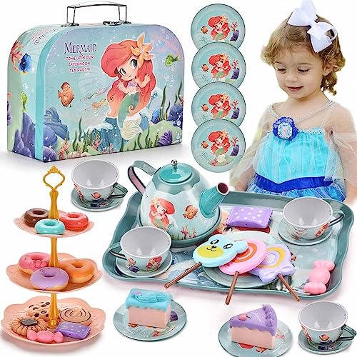 48pc Mermaid Tea Party Set for Little Girls,Birthday Gifts for Age 3 4 5 6 Year Old Girls,Pretend Tin Teapot, Cups, Plates,and Food Sweet Treats Playset for Princess Tea Time Play Kitchen Toys