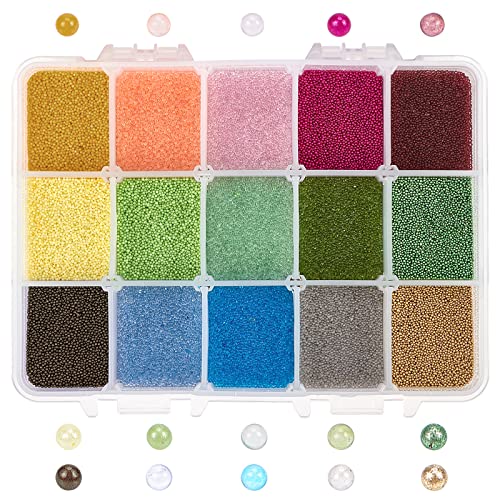 OLYCRAFT 300g 0.6~0.8mm Coloful Glass Bubble Beads No Hole Micro Beads UV Resin Bubble Beads Iridescent Water Droplets Bubble Beads Tiny Glass Beads for Resin Crafting Nail Arts - 15 Colors