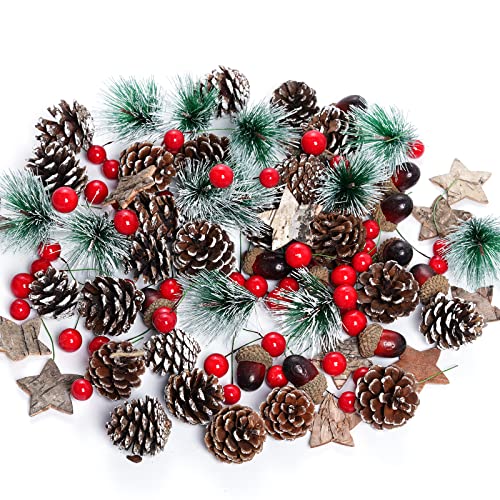 cnomg 108pcs Artificial Pine Cones Pine Branch Set, Fake Natural Pinecones Acorns Red Berries Christmas Decor Ornaments for Home Winter Decorations (108, Multicolor)