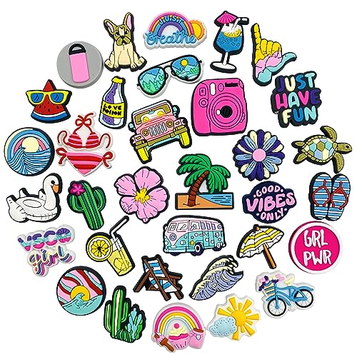 35PCS Summer Shoe Charms for Crock Bubble Slides,Cool Coconut Tree Cactus Fruit Juice Flowers Shoe Decoration Charms Pins for Kids Teens Girls Boys Men Women Party Favor