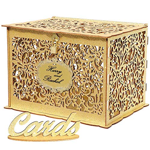 OurWarm Glittery Gold Wedding Card Box with Lock, Wood Gift Card Box for Wedding Reception, Wedding Money Envelope Card Box Holder for Party Graduation Birthday Baby Shower Decorations