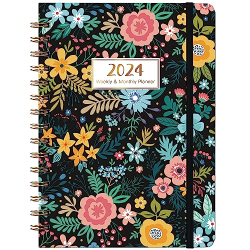 2024 Planner - Planner 2024, January 2024 - December 2024, Weekly & Monthly Planner with Tabs, 6.37' x 8.46', Hardcover + Inner Pocket + Thick Paper - Colorful Flower
