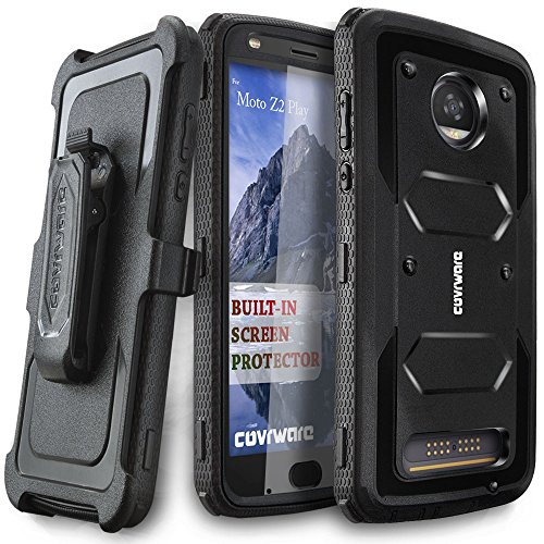 COVRWARE Aegis Series Case for Moto Z2 Play / Z2 Force with Built-in Screen Protector Heavy Duty Full-Body Rugged Holster Armor Case Belt Swivel Clip Kickstand, Black