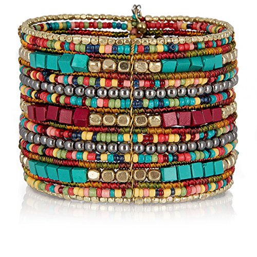 SPUNKYsoul Bohemian Multi-Colored Beaded Cuff Bracelets for Women Collection (Teal/Red/Cube)