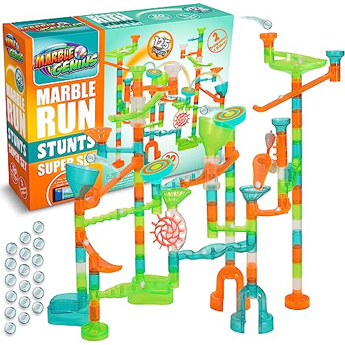 Marble Genius Marble Run Stunts Super Set: 125 Pieces Total, 20 Action Pieces Including 2 New Patented Trampolines, Includes Free Online App and Full-Color Instruction Booklet, Made for Ages 5 and Up