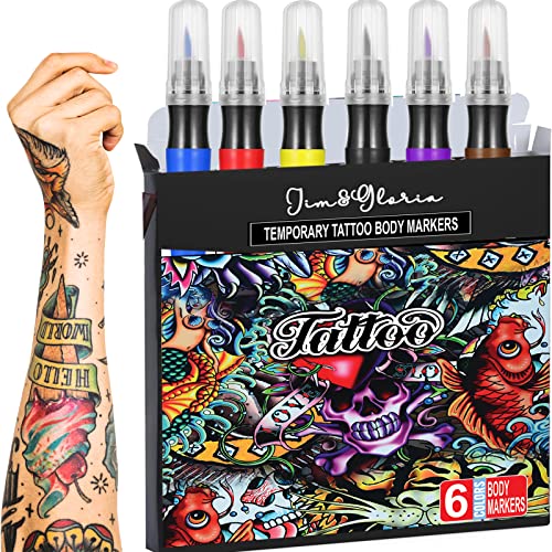 Jim&Gloria Face & Body Art Tattoo Pen Washable Skin Markers 6 Colors Ideas For Tween Teen Girls Gifts 7 8 9 10 11 12 13 14 + Years Old Teenage Trendy Stuff Birthday Christmas Makeup Face Paint