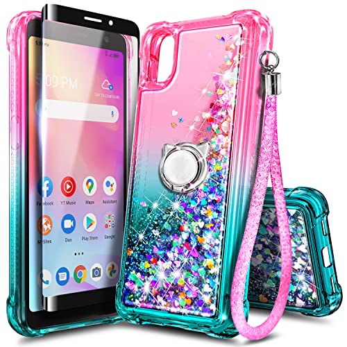 NZND Case for Alcatel TCL A3 (A509DL)/TCL A30 with Tempered Glass Screen Protector (Maximum Coverage), Ring Holder/Wrist Strap, Women Girls Kids Sparkle Glitter Liquid Cute Case -Pink/Aqua