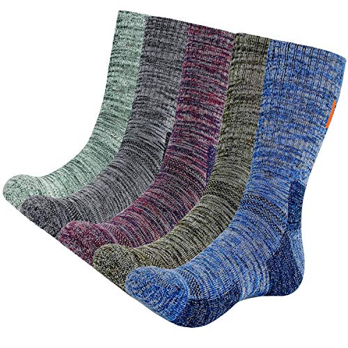 KONY Men's 5 Pairs Thick Cushion Hiking Walking Socks, Wicking Outdoor Sports Crew Socks (Mix-1, Large(US shoe size 11-14))