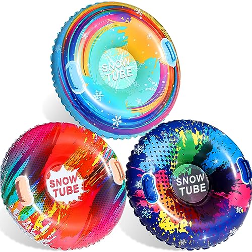 PARENTSWELL 3 Pack Inflatable Snow Tubes Sleds - 35'' Big Snow Tubes for Sledding Heavy Duty with Handles, Toddler Snow Tube Hard Bottom Winter Outdoor Sledding Tube Toys for Kids Adults