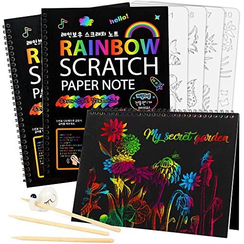 3 Pack Scratch Art Paper Notebooks - Rainbow Magic Scratch Off Paper Set for Kids Arts Crafts, Black Scratch Note Books Drawing Pad for 3-12 Year Old Girls Boys Party Favor Game Project Kit