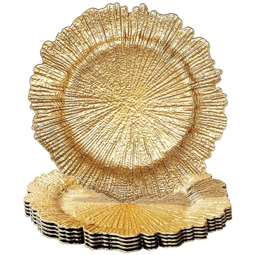 TABLETROVES Gold Charger Plates Set - 13” Vintage Plastic Dinnerware Set - Reusable Elegant Serving Plates for Parties, Weddings and Events 6 Set