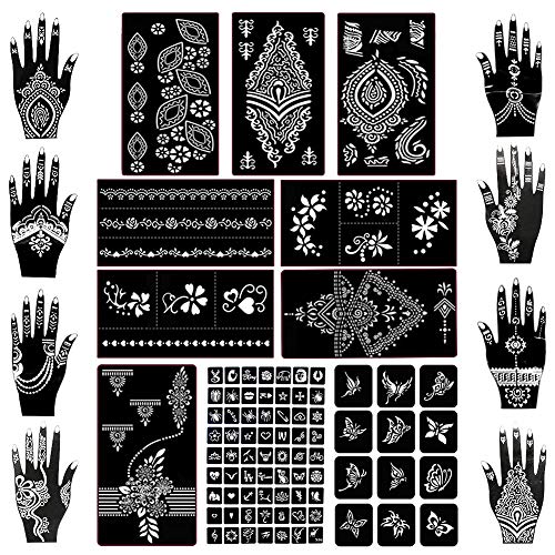 Koogel 18 Sheets Henna Tattoo Stencil Kit, 97 PCS Temporary Glitter Airbrush Flower Tattoo Stencils for Women and Girls Arabian Realistic Tattoo Stickers for Face Paint Body Art