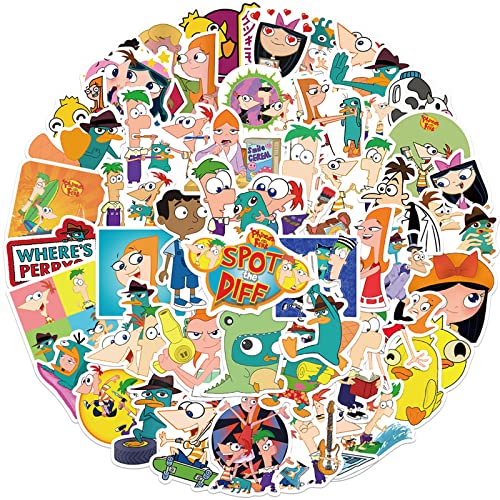 Phineas and Ferb Stickers for Travel Case, 50 PCS Cartoon Vinyl Waterproof Stickers for Teen Kid Laptop, Skateboard, Water Bottles, Computer, Phone, Luggage (Phineas and Ferb)
