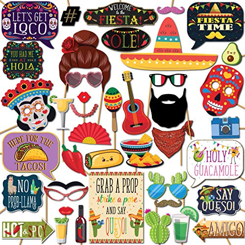 Fiesta Photo Booth Props - 41-pc Photobooth Kit with 8 x 10-Inch Sign, 60 Adhesive Pads, 45 Sticks - Mexican Photo Prop - Fiesta Props - Photo Booth Props Cinco de Mayo