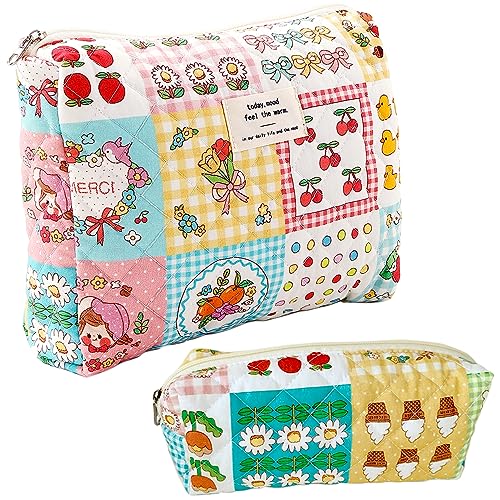 Coquette Quilted Floral Cotton Large Small Makeup Bag Pencil Case Student Pencil Pouch Cute Ice Cream Cherry Lightweight Coquette Makeup Bag Travel Toiletry Bag College Stationery Cosmetic Organizer
