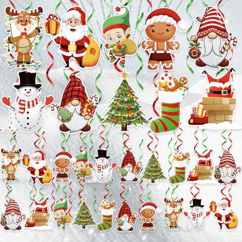 Hanging Christmas Decorations with Foil Swirls | 30 Pcs Holiday Set | Xmas Santa, Snowman, Gingerbread, Reindeer, Gnomes Christmas Designs | Home, Office, School Christmas Party Decorations | BASHOUT