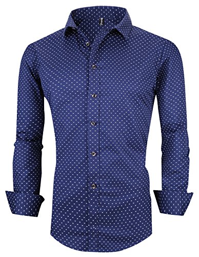 XTAPAN Men Long Sleeve Casual Slim Fit Printed Button Down Dress Shirt Asian 4XL Dark Blue 1809