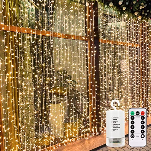 echosari 300 LED Christmas Curtain Lights Battery Operated, 9.8ft×9.8ft Hanging Lights with Remote Timer Fairy Curtain Lights for Bedroom Patio Wedding Backdrop Party Decór (Warm White)