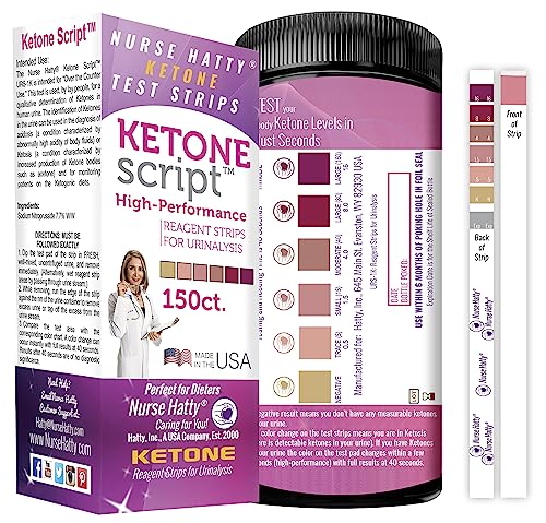 Nurse Hatty - 150 Ketone Test Strips w Built-in Color Chart – Free Keto Guide eBook & Free App - Made-in-The-USA - Urine Test for Ketogenic, Ketosis, Low Carb, Atkins & Paleo Diets - Extra Long Strips