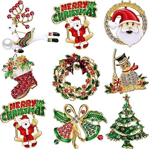 9 Pieces Christmas Pin Brooch for Women Rhinestone Crystal Xmas Element Pins Snowman Bells Christmas snowman Trees Jewelry Pins for Xmas Decorations (Fresh Style)