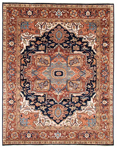 eCarpetGallery Large Area Rug for Living Room, Bedroom | Hand-Knotted Wool Rug | Jules Sultane Bordered Blue Rug 7'11' x 9'10' | 377379