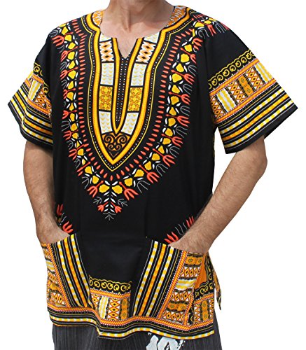 RaanPahMuang Brand Unisex Bright African Black Dashiki Cotton Shirt, X-Large, Yellow and Orange