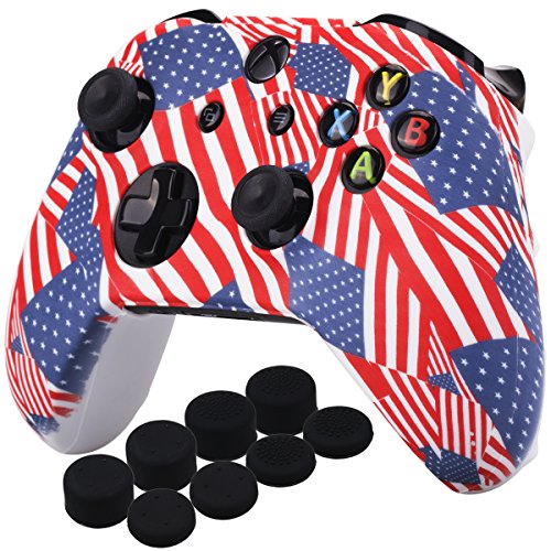 YoRHa Printing Rubber Silicone Cover Skin Case for Xbox One S/X Controller x 1(US Flag) with PRO Thumb Grips x 8